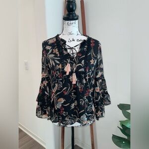 Maeve Black Floral Blouse with Pink Tassels